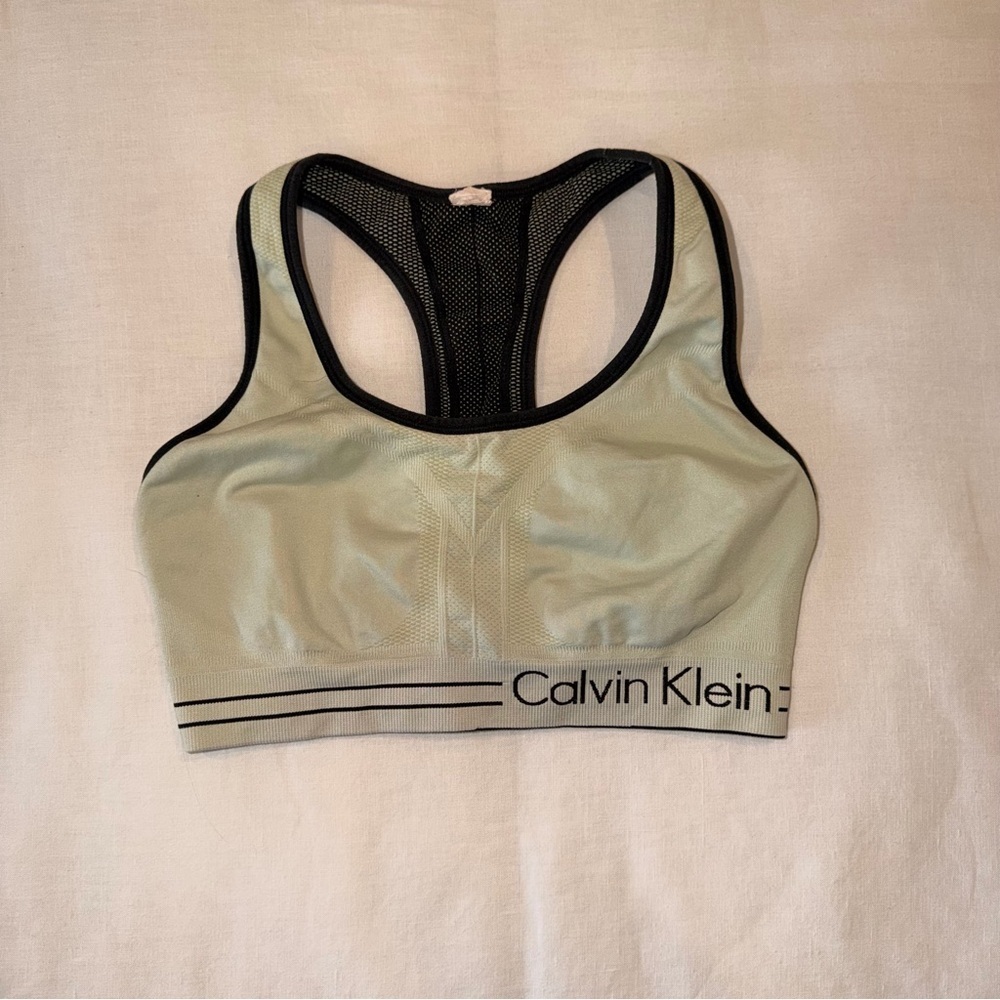 Calvin Klein Logo Band Sports Bra Racerback Gray Green Athleisure Size S